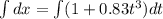 \int dx = \int(1 + 0.83 t^3) dt