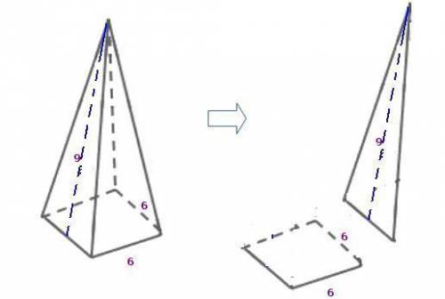 Aregular square pyramid has a base length of 6 cm. the slant height of the pyramid is 9 cm. what is