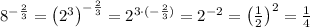 8^{-\frac{2}{3}}=\left(2^3\right)^{-\frac{2}{3}}=2^{3\cdot(-\frac{2}{3})}=2^{-2}=\left(\frac{1}{2}\right)^2=\frac{1}{4}