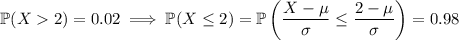 \mathbb P(X2)=0.02\implies\mathbb P(X\le2)=\mathbb P\left(\dfrac{X-\mu}\sigma\le\dfrac{2-\mu}\sigma\right)=0.98
