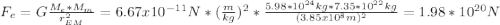 F_{e} = G \frac {M_{e} * M_{m} } {r^{2}_{EM}} = 6.67 x&#10;10^{-11} N * (\frac {m} {kg})^{2}*\frac {5.98 * 10^{24} kg * 7.35 * 10^{22} kg}&#10;{(3.85 x 10^{8}m)^{2}} = 1.98 * 10^{20} N
