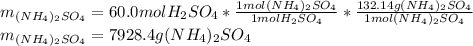 m_{(NH_4)_2SO_4}=60.0molH_2SO_4*\frac{1mol(NH_4)_2SO_4}{1molH_2SO_4} *\frac{132.14g(NH_4)_2SO_4}{1mol(NH_4)_2SO_4} \\m_{(NH_4)_2SO_4}=7928.4g(NH_4)_2SO_4