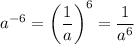 a^{-6}=\left(\dfrac{1}{a}\right)^6=\dfrac{1}{a^6}