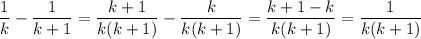 \dfrac1k-\dfrac1{k+1}=\dfrac{k+1}{k(k+1)}-\dfrac k{k(k+1)}=\dfrac{k+1-k}{k(k+1)}=\dfrac1{k(k+1)}