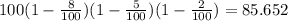 100(1-\frac{8}{100})(1-\frac{5}{100})(1-\frac{2}{100})=85.652