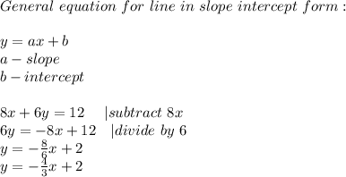 General\ equation\ for\ line\ in\ slope\ intercept\ form:&#10;\\\\y=ax+b\\&#10; a-slope\\ &#10;b-intercept\\\\ &#10;8x+6y=12\ \ \ \ | subtract\ 8x\\&#10;6y=-8x+12\ \ \ | divide\ by\ 6\\&#10;y=-\frac{8}{6}x+2\\&#10;y=-\frac{4}{3}x+2