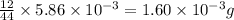 \frac{12}{44}\times 5.86\times 10^{-3}=1.60\times 10^{-3}g