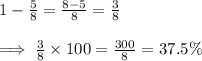 1-\frac{5}{8}=\frac{8-5}{8}=\frac{3}{8}\\\\\implies \frac{3}{8}\times 100=\frac{300}{8}=37.5\%
