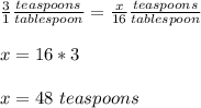 \frac{3}{1}\frac{teaspoons}{tablespoon}=\frac{x}{16}\frac{teaspoons}{tablespoon}\\ \\x=16*3\\ \\ x=48\ teaspoons