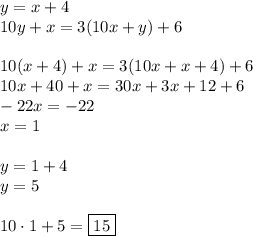 y=x+4\\&#10;10y+x=3(10x+y)+6\\\\&#10;10(x+4)+x=3(10x+x+4)+6\\&#10;10x+40+x=30x+3x+12+6\\&#10;-22x=-22\\&#10;x=1\\\\&#10;y=1+4\\&#10;y=5\\\\&#10;10\cdot1+5=\boxed{15}