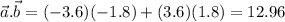 \vec{a}.\vec{b} = (-3.6)(-1.8)+(3.6)(1.8) = 12.96