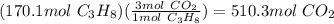 (170.1mol\ C_3H_8)(\frac{3mol\ CO_2}{1mol\ C_3H_8})=510.3mol\ CO_2