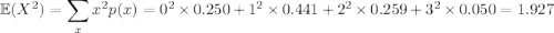 \mathbb E(X^2)=\displaystyle\sum_xx^2p(x)=0^2\times0.250+1^2\times0.441+2^2\times0.259+3^2\times0.050=1.927
