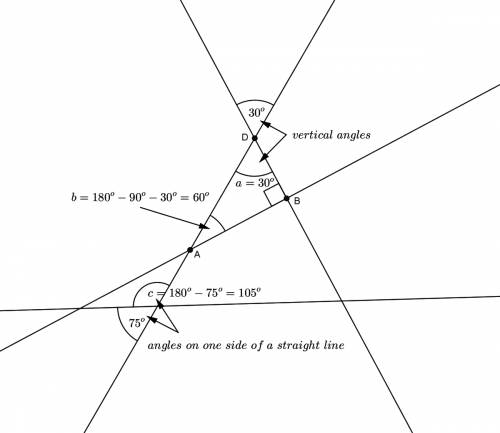 what are the measures of angles a, b, and c?  show your work and explain your answers.