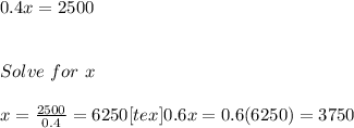 0.4x=2500&#10;\\~\\~\\Solve ~for~x\\~\\x= \frac{2500}{0.4}=6250<img src=