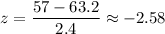 z=\dfrac{57-63.2}{2.4}\approx-2.58
