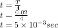 t=\frac{T}{4}\\ t=\frac{0.02}{4}\\ t=5\times 10^{-3}sec