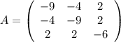 A=\left(\begin{array}{ccc}-9&-4&2\\ -4&-9&2\\2&2&-6\\\end{array}\right)