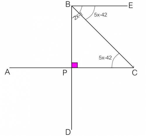 If bd is perpendicular to ac m angle dbe equals 2x - 1 + m angle cbe equals 5x - 42 find the value o