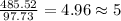 \frac{485.52}{97.73}=4.96\approx 5