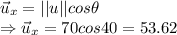 \vec{u}_x=||u||cos\theta \\\Rightarrow \vec{u}_x=70cos40=53.62