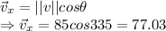 \vec{v}_x=||v||cos\theta \\\Rightarrow \vec{v}_x=85cos335=77.03