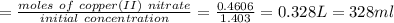 =\frac{moles\ of \ copper(II)\ nitrate}{initial\ concentration}=\frac{0.4606}{1.403}=0.328L=328ml