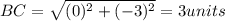 BC=\sqrt{(0)^2+(-3)^2}=3 units