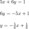 5x + 6y = 1\\\\6y=-5x+1\\\\y=-\frac{5}{6}x+\frac{1}{6}