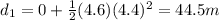 d_1 = 0 +\frac{1}{2}(4.6)(4.4)^2=44.5 m
