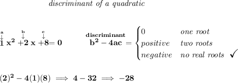\bf \qquad \qquad \qquad \textit{discriminant of a quadratic} \\\\\\ \stackrel{\stackrel{a}{\downarrow }}{1}x^2\stackrel{\stackrel{b}{\downarrow }}{+2}x\stackrel{\stackrel{c}{\downarrow }}{+8}=0 ~~~~~~~~ \stackrel{discriminant}{b^2-4ac}= \begin{cases} 0&\textit{one root}\\ positive&\textit{two roots}\\ negative&\textit{no real roots}~~\textit{\Large \checkmark} \end{cases} \\\\\\ (2)^2-4(1)(8)\implies 4-32\implies -28