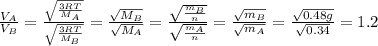 \frac{V_{A} }{V_{B} } =\frac{\sqrt{\frac{3RT}{M_{A} } } }{\sqrt{\frac{3RT}{M_{B} } } } =\frac{\sqrt{M_{B} } }{\sqrt{M_{A} } } =\frac{\sqrt{\frac{m_{B} }{n} } }{\sqrt{\frac{m_{A} }{n} } } } =\frac{\sqrt{m_{B} } }{\sqrt{m_{A} } } =\frac{\sqrt{0.48g} }{\sqrt{0.34} } =1.2