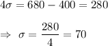 4\sigma=680-400=280\\\\\Rightarrow\ \sigma=\dfrac{280}{4}=70