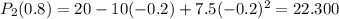 P_{2} (0.8) = 20 - 10 (-0.2) +7.5 (-0.2)^2 = 22.300