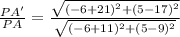 \frac{PA'}{PA}=\frac{\sqrt{(-6+21)^{2}+(5-17)^{2}}}{\sqrt{(-6+11)^{2}+(5-9)^{2}}}