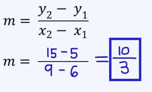 Find the slope of the two points (6,5) and (9, 15)