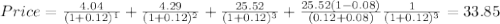 Price=\frac{4.04}{(1+0.12)^{1}}+\frac{4.29}{(1+0.12)^{2} } +\frac{25.52}{(1+0.12)^{3} } +\frac{25.52(1-0.08)}{(0.12+0.08)} \frac{1}{(1+0.12)^{3} } =33.85
