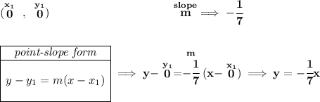 \bf (\stackrel{x_1}{0}~,~\stackrel{y_1}{0})~\hspace{10em} \stackrel{slope}{m}\implies - \cfrac{1}{7} \\\\\\ \begin{array}{|c|ll} \cline{1-1} \textit{point-slope form}\\ \cline{1-1} \\ y-y_1=m(x-x_1) \\\\ \cline{1-1} \end{array}\implies y-\stackrel{y_1}{0}=\stackrel{m}{-\cfrac{1}{7}}(x-\stackrel{x_1}{0})\implies y=-\cfrac{1}{7}x