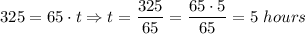 325=65\cdot t\Rightarrow t=\dfrac{325}{65}=\dfrac{65\cdot 5}{65}=5\ hours