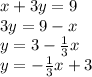 x+3y=9\\3y=9-x\\y=3-\frac{1}{3}x\\y=-\frac{1}{3}x+3