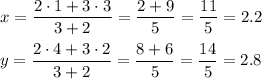 x=\dfrac{2\cdot 1+3\cdot 3}{3+2}=\dfrac{2+9}{5}=\dfrac{11}{5}=2.2\\ \\y=\dfrac{2\cdot 4+3\cdot 2}{3+2}=\dfrac{8+6}{5}=\dfrac{14}{5}=2.8
