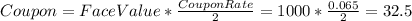 Coupon=FaceValue*\frac{CouponRate}{2} =1000*\frac{0.065}{2} =32.5