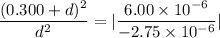 \dfrac{(0.300+d)^2}{d^2}=|\dfrac{6.00\times10^{-6}}{-2.75\times10^{-6}}|