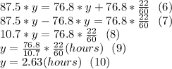 87.5*y=76.8*y+76.8*\frac{22}{60}~~(6)\\87.5*y-76.8*y=76.8*\frac{22}{60}~~(7)\\10.7*y=76.8*\frac{22}{60}~~(8)\\y=\frac{76.8}{10.7}*\frac{22}{60}(hours)~~(9)\\y=2.63(hours)~~(10)