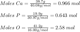 Moles\ Ca = \frac{38.7g}{40.08g/mol} =0.966\ mol\\\\Moles\ P = \frac{19.9g}{30.97g/mol} =0.643\ mol\\\\Moles\ O = \frac{41.2g}{16.00g/mol} =2.58\ mol