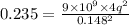 0.235=\frac{9\times 10^{9}\times 4q^{2}}{0.148^{2}}