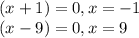 (x+1)=0, x=-1\\(x-9)=0, x=9\\