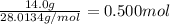 \frac{14.0 g}{28.0134 g/mol}=0.500 mol