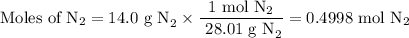 \text{Moles of N}_{2} = \text{14.0 g N}_{2} \times \dfrac{\text{1 mol N}_{2}}{\text{ 28.01 g N}_{2}} = \text{0.4998 mol N}_{2}
