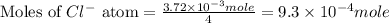 \text{Moles of }Cl^-\text{ atom}=\frac{3.72\times 10^{-3}mole}{4}=9.3\times 10^{-4}mole